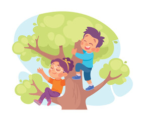 Kid Play on Tree in the Yard Vector Illustration