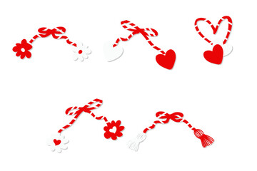 Red and white hand drawn Martisor 1 March spring celebration gift collection. Perfect for poster, card, sticker. Isolated vector illustration.