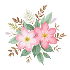 Obraz premium Watercolor painting of a delicate pink floral bouquet with green and brown leaves.