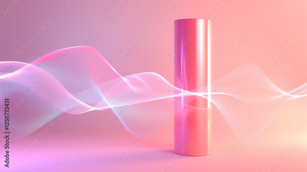 Poster a sleek metallic cylinder enveloped by flowing, translucent light trails in pink tones, creating a d