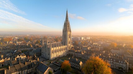 Naklejka premium Aerial View Of Historic Church Tower Over Cityscape During Sunrise
