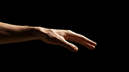 Reaching Hand: An arm extends forward, fingers outstretched against a stark black backdrop. The play of light emphasizes the skin and contours of the hand.