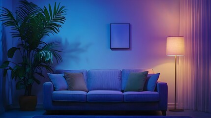 Modern Living Room Interior with Purple and Blue Lighting