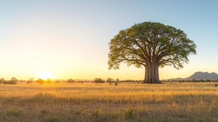 Fototapeta premium Sunrise Over Baobab Tree In African Savanna