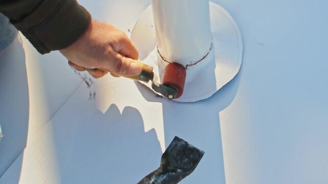 TPO (thermoplastic polyolefin) membrane installation on a rooftop for waterproofing. Construction worker using heat welding equipment to seal the membrane.