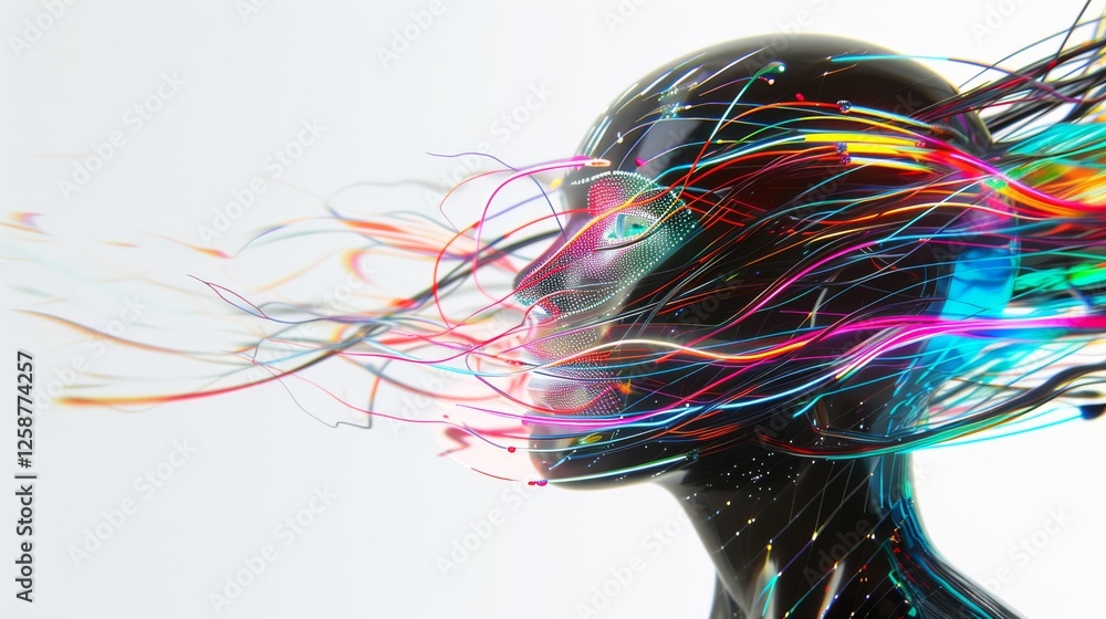 Poster a futuristic humanoid ai head emitting vibrant multicolored threads, symbolizing neural networks and
