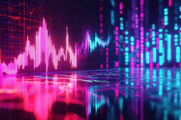 Financial graph with up trend line candlestick chart in stock market on neon color Widescreen background
