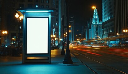 Empty urban billboard at night, city street, blurred traffic, advertising