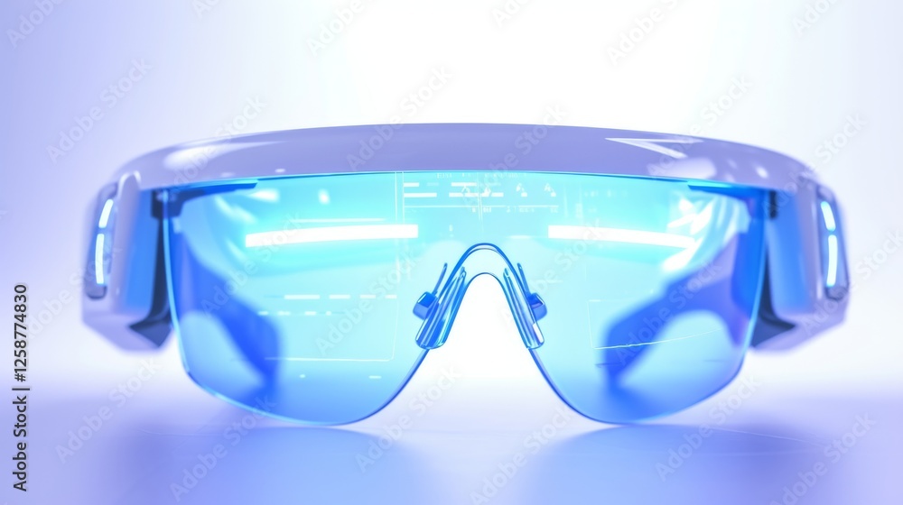 Poster a detailed front view of a modern augmented reality headset featuring a glowing holographic display 