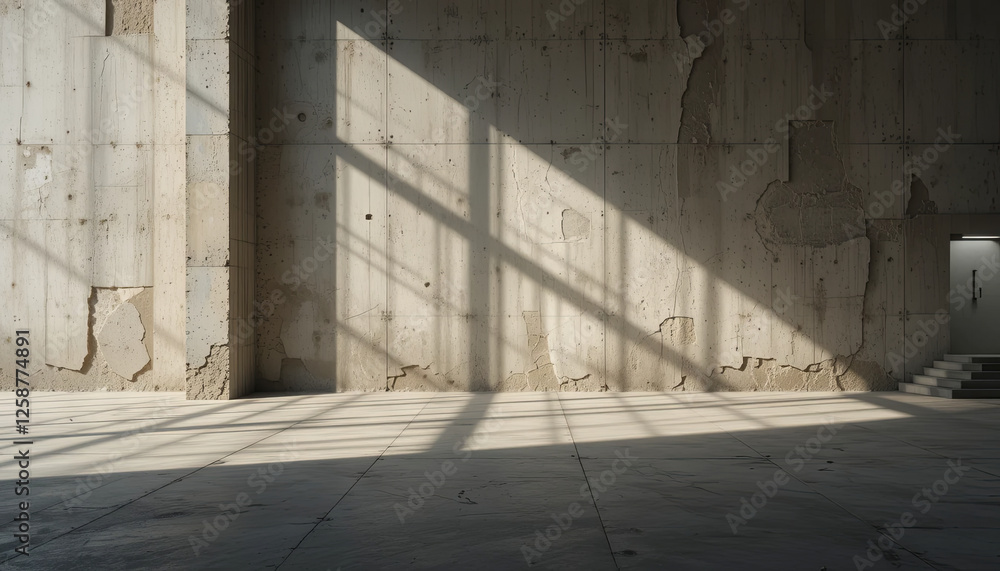 Aufkleber sunlight filters through large windows, casting intricate shadows on a rough concrete wall in an emp