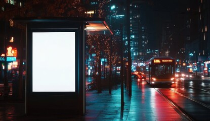 Blank billboard at night in city street with tram
