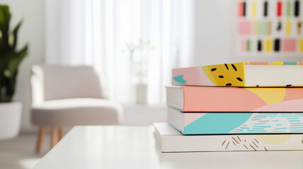 Stack of colorful notebooks on white desk in bright modern room with abstract wall art