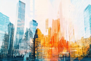 Financial graphs and digital indicators overlap with modernistic urban area, skyscrabber for stock market business concept. Double exposure.