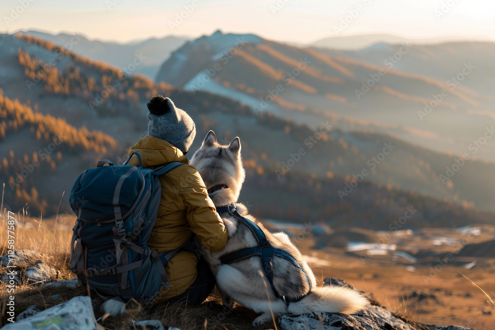 Poster hiker resting on hilltop with scenic mountain view created by generative ai
