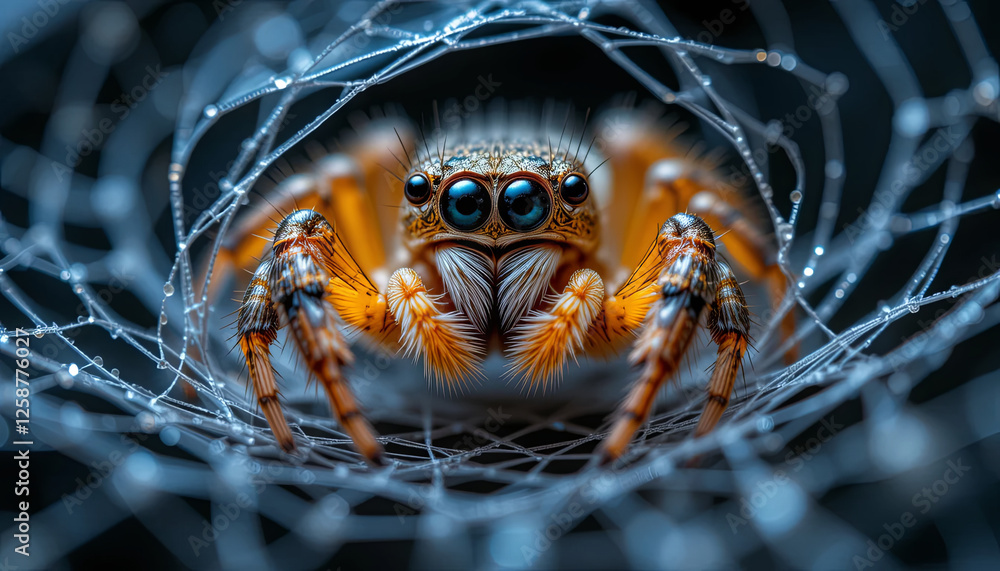 Poster a vividly colored spider is captured in sharp focus as it sits at the center of a delicate web
