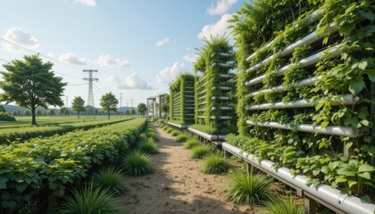 Fototapeta premium Lush Green Vertical Garden Pathway on a Sunny Day with Blue Sky and Fluffy Clouds