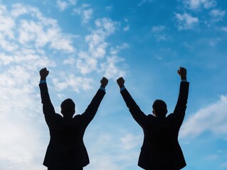 Two business men celebrating success in silhouette