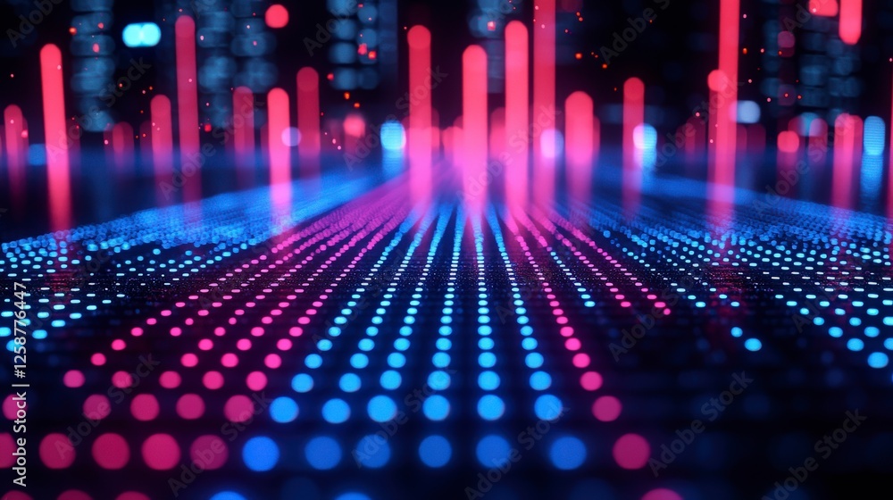 Poster a futuristic image filled with digital wave patterns, showcasing a seamless blend of light and color