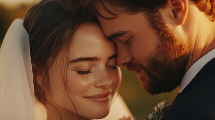 Close up of a wedding couple embracing