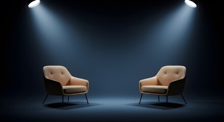 Two Armchairs Under Spotlights in a Minimalist Dark Studio Setting