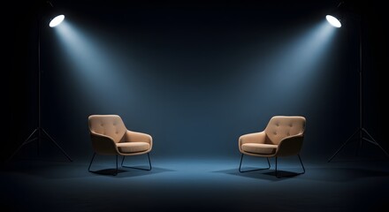 Two Armchairs Under Studio Lights on Dark Background with Empty Space