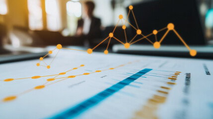 Professional business team working on a project together in the office Using innovation economic growth charts and network connections to accompany the data. in analyzing future trends