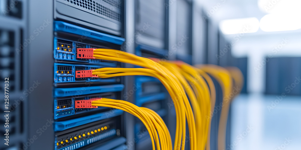 Poster close-up of a server rack in a data center, connected by bright yellow cables. the image captures th