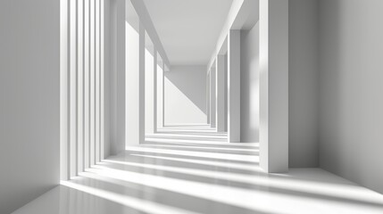 Obraz premium A minimalist white corridor with sunlight streaming through slatted windows, casting geometric patterns of light and shadow. Architectural and serene. AI generated.
