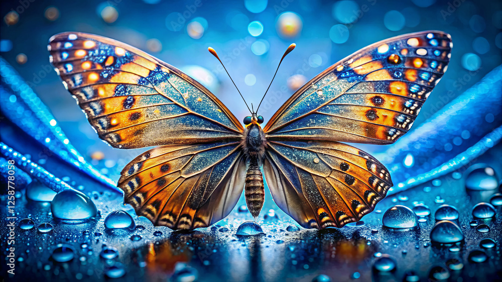 Aufkleber a vibrant butterfly displays intricate patterns while resting on a surface covered with sparkling wa