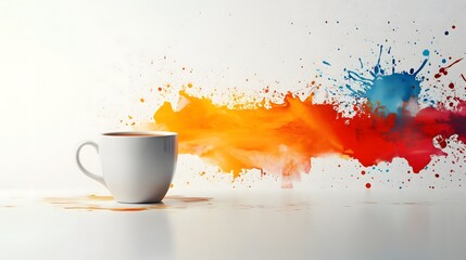 A contemporary art collage of a coffee cup on a bright white background, with splashes of vibrant paint, professional product photography with soft lighting, high detail, minimalist composition