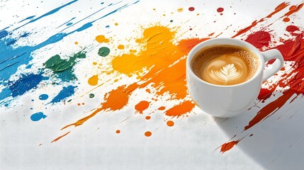 A contemporary art collage of a coffee cup on a bright white background, with splashes of vibrant paint, professional product photography with soft lighting, high detail, minimalist composition