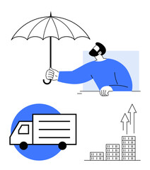Man holding umbrella symbolizing protection, delivery truck highlighting logistics, and rising bar graph showing success. Ideal for business growth, logistics, strategy, finance, planning, solutions