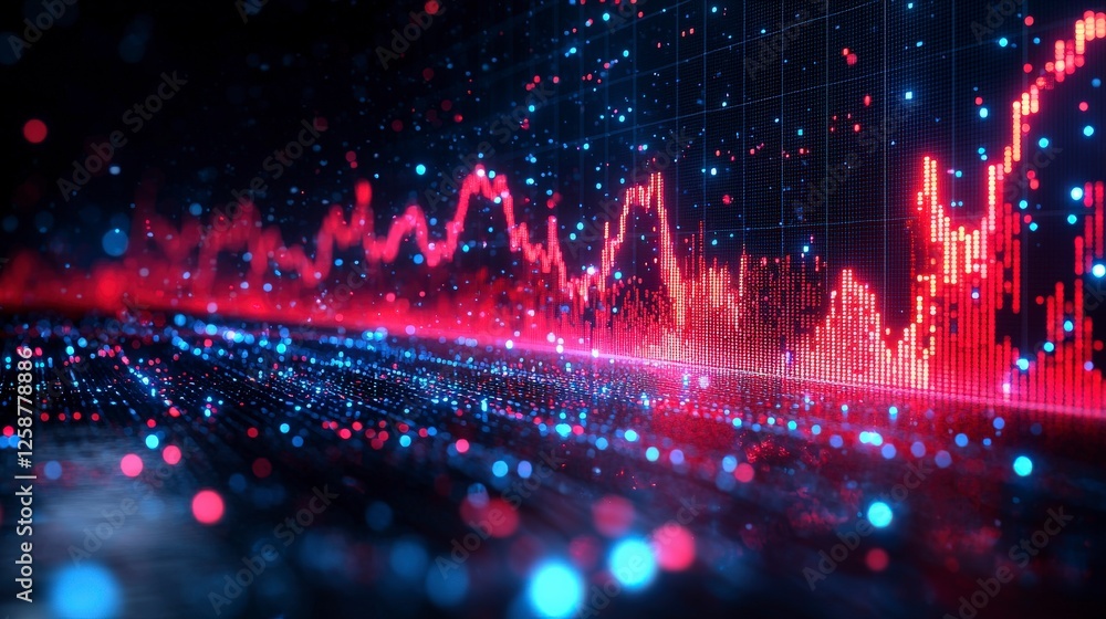 Poster this image features a dynamic data visualization scene with neon colors including blue and red eleme
