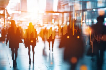 financial chart with stock market graph and silhouette people walking in office with cityscape blurred background