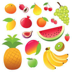 Fresh Fruits Set - Colorful Tropical and Exotic Fruit Illustration, collection of fresh fruits illustrated in a modern and colorful style. Includes pineapple, watermelon, banana, apple, pear, kiwi