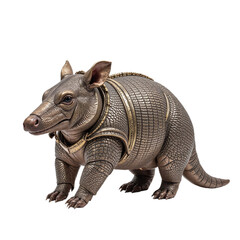 Bronze armadillo statue wearing gold armor, detailed texture, isolated on cut out background.