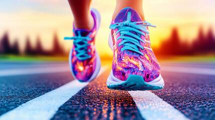 Runner in colorful sneakers on track at sunset for charity marathon supporting social projects