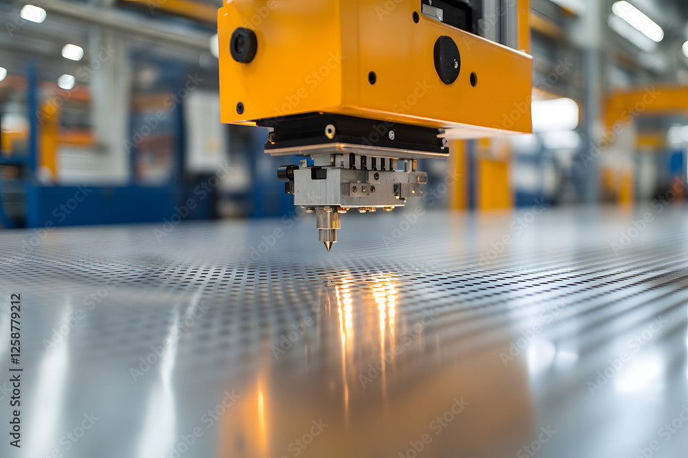 Poster automated metal perforation process in a factory setting. precision machinery creating a grid of hol