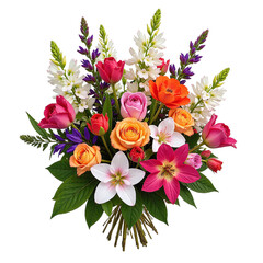 A vibrant bouquet of colorful spring flowers, including roses, tulips, anemones, lilies, and clematis, against a cutout background.
