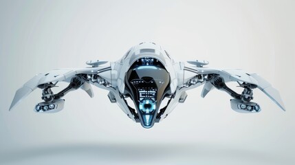 A highly detailed AI-generated front view of a futuristic spacecraft, showcasing glowing blue accents, sleek aerodynamic curves, and advanced technology features.