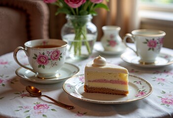Slice of multi-layer cake served with tea in a cozy floral setting
