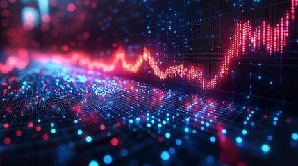 A captivating visual of vibrant digital waveforms that symbolize data flow, emotion, and innovation, illuminated by striking blue and red hues on a dark backdrop.