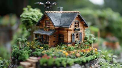 Drone inspecting miniature log cabin garden
