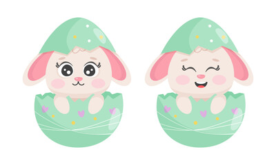 Cute easter bunny hatching from decorated egg. Open-eyed and closed-eyed rabbit. Spring holiday illustration