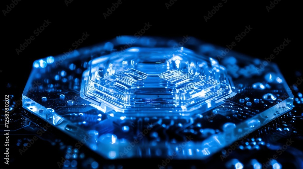 Poster a futuristic hexagonal structure glowing with vibrant blue light, surrounded by intricate circuit bo