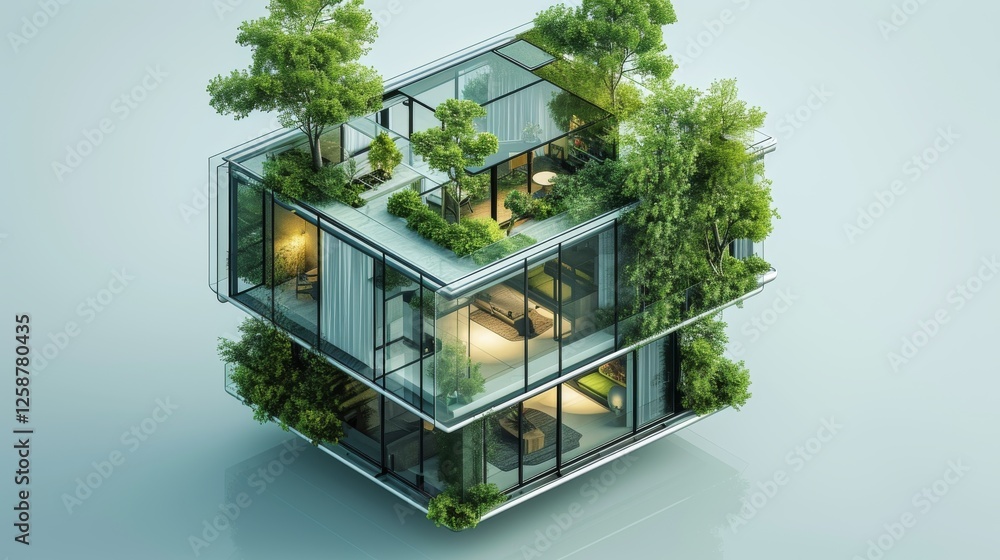 Poster futuristic modular home design, integrating lush greenery with modern architecture. this ai-generate