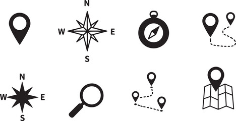 Simple Location and Direction Icons Set Map Markers, Compass Points North, South, East, West, Navigation Symbols on White Background