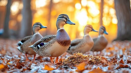 Ducks foraging autumn leaves forest sunset