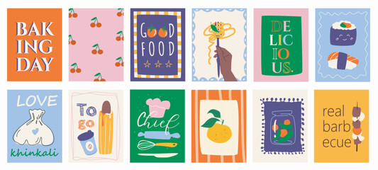 Obraz premium Cooking food cover typography template for posters, prints. Minimalistic banners set with baking, cherry, pasta at fork, delicious, sushi, chief, orange, vegetables, barbecue. Vector illustration.