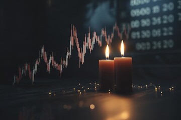 Financial business statistics with bar graph and candlestick chart show stock market price on dark background